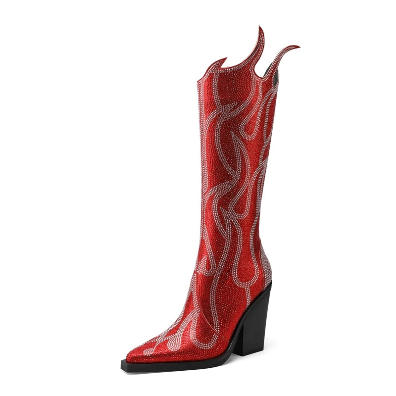 Rhinestone Metallic Ripped Flame Thrower Design Pointed Toe Wedge Heel Women's Knee-High Western Cowgirl Boots