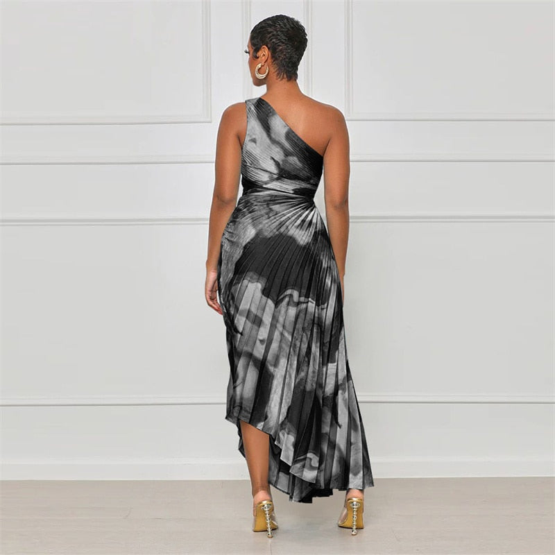 One Shoulder Sleeveless A-line Pleated Maxi Dress