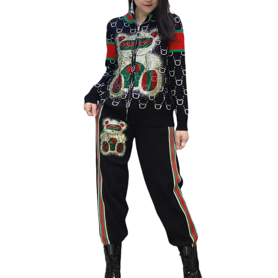 Glitter Sequin Hip-Hop Teddy Bear Print Zipper O-Neck Women's Jacket + Drawstring Side Striped Sweatpants Tracksuit