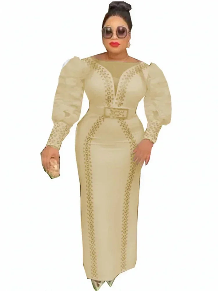 Rhinestone Sheer Belted Puff Balloon Sleeve Formal Wedding Evening Bodycon Formal Maxi Dress