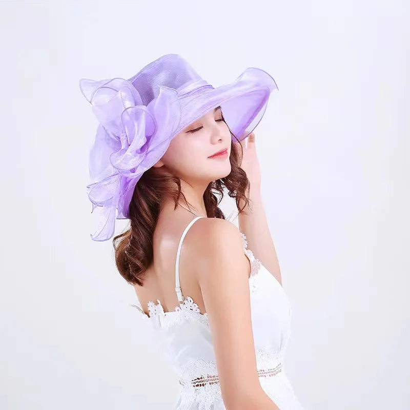Oversized Organza Floral Bow Detail Wide Brim Kentucky Derby/Church/Wedding Fedora Hat