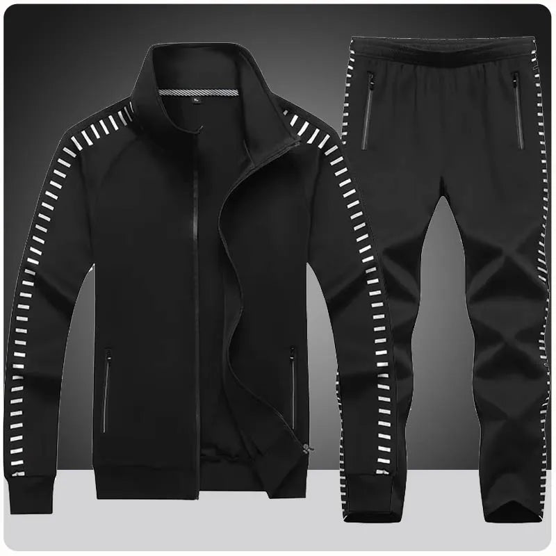 Men's Mandarin Collar Side Striped Sleeve Sport Zipper Jacket + Sweatpants Tracksuit