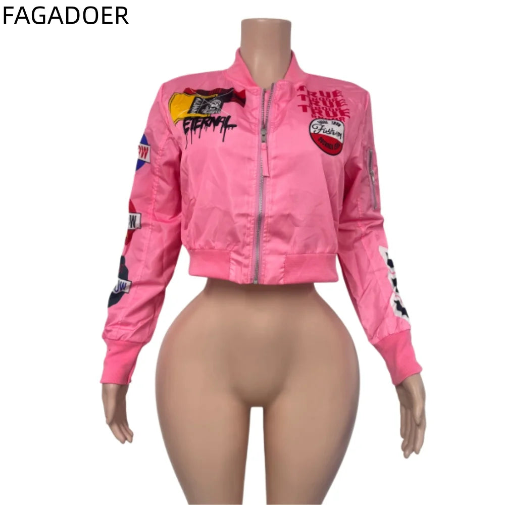 Varsity Patchwork Letter Print Long Sleeve Women's Crop Jacket