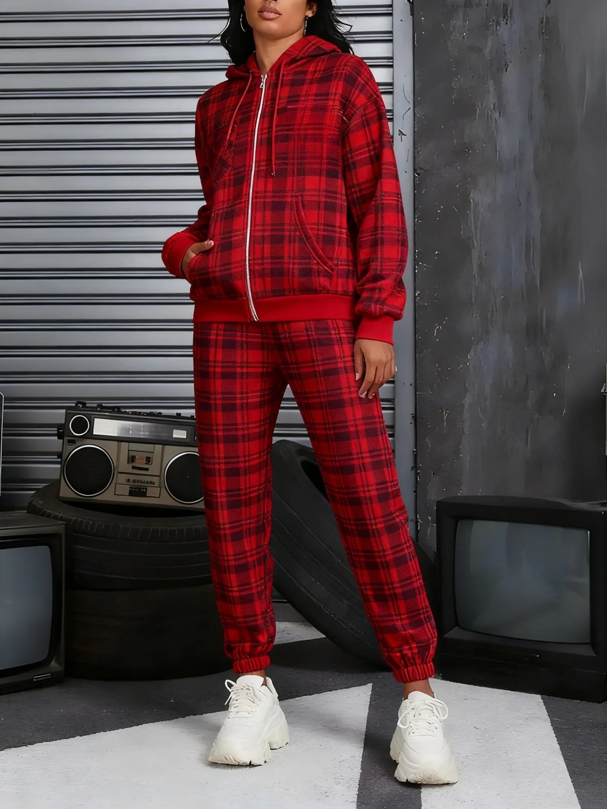Drawstring Plaid Checker Colorblock/Houndstooth Print Women's Zipper Hoodie Jacket + Sweatpants Tracksuit