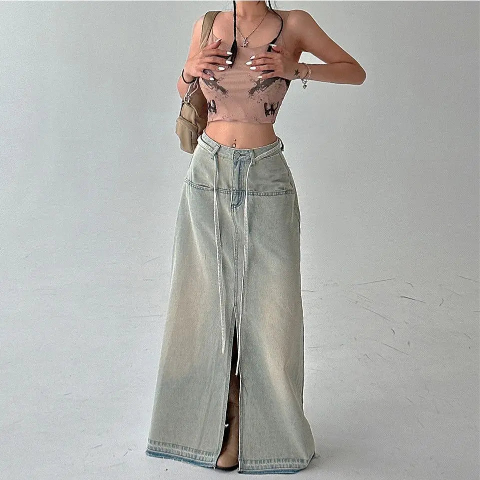 Denim Faded Distressed Women's High Slit Vintage Lace-Up Low Waist Streetwear Maxi Jean Skirt