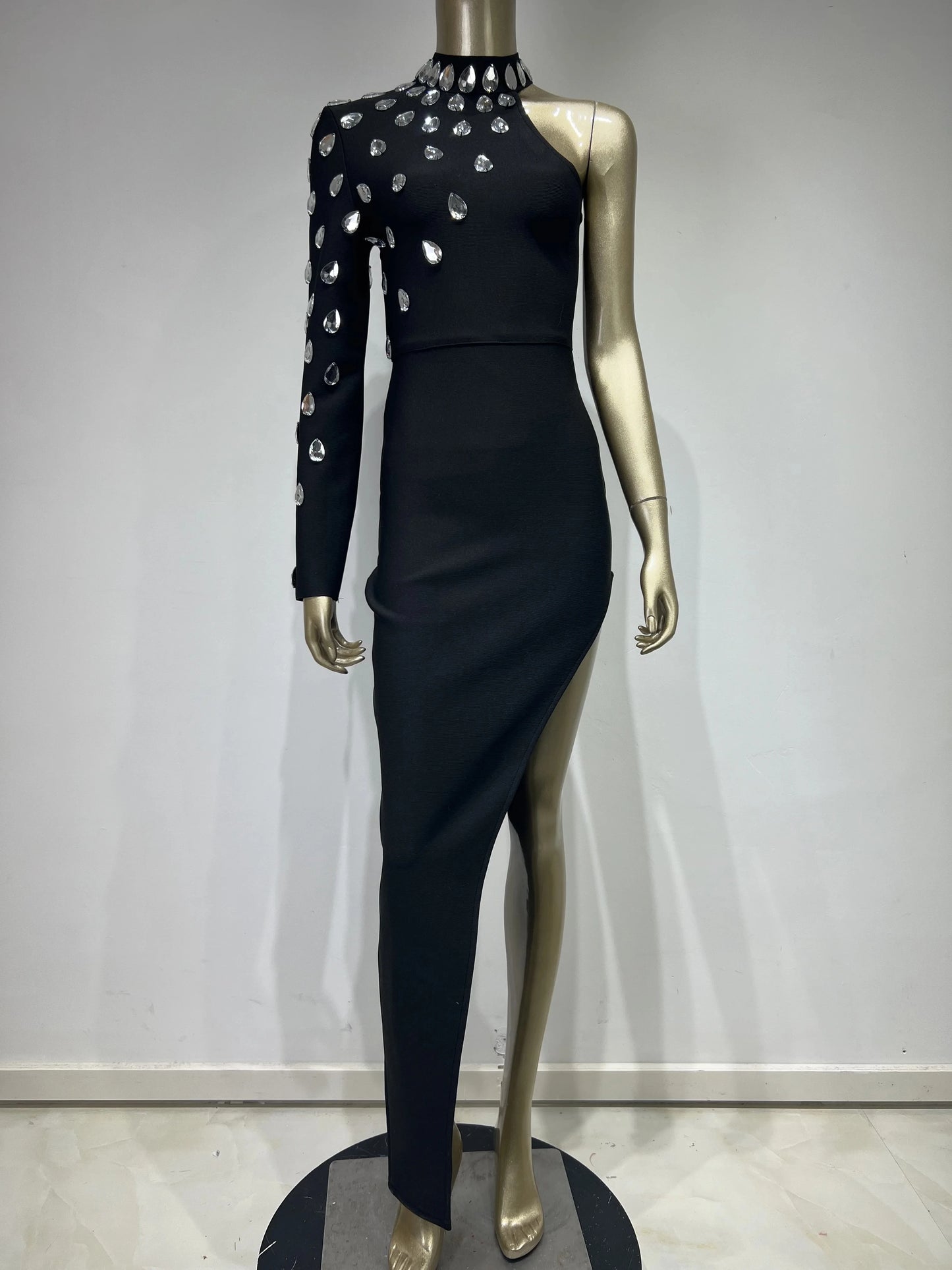 Asymmetrical Black One Sleeve Rhinestone Embellished Bodycon Bandage Evening Maxi Formal Party/Prom Dress