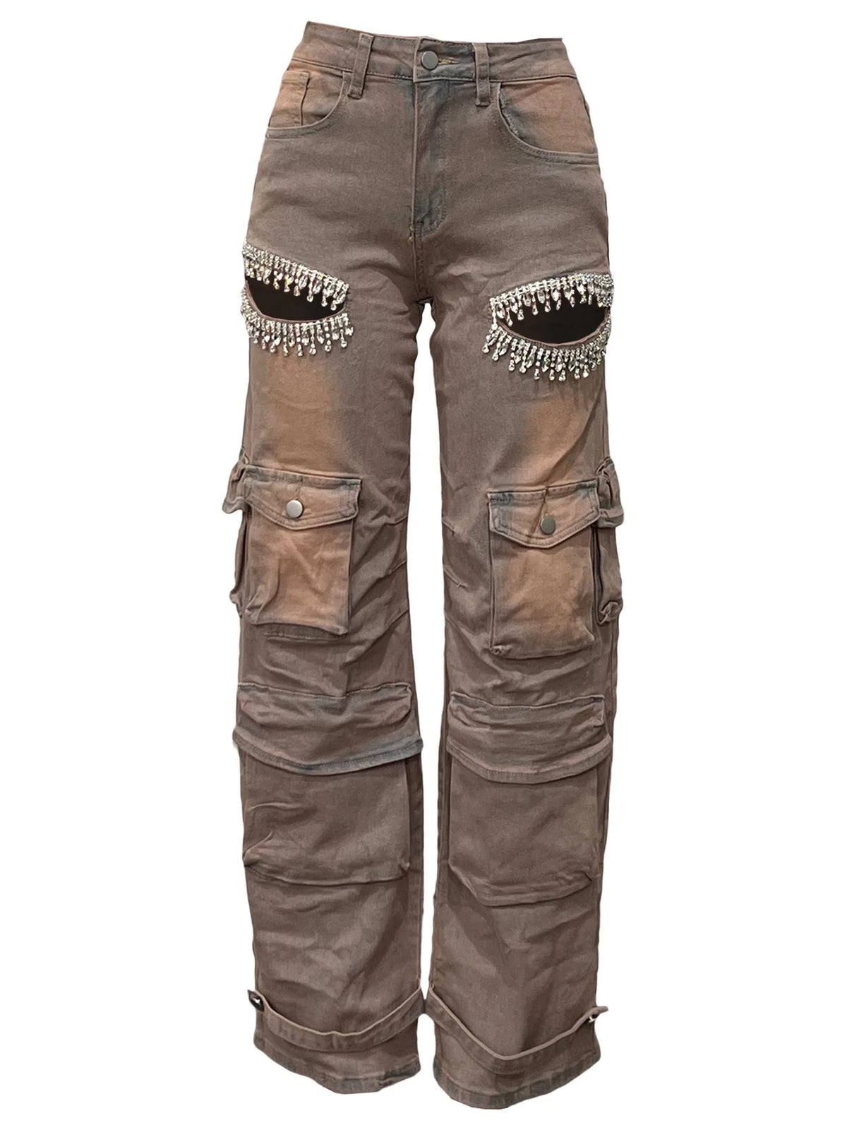 Denim Camo/Light Blue/Black/Coffee Crystal Rhinestone Cut-Out Women's Hollow-Out Multi-Pocketed Wide Leg Cargo Jeans