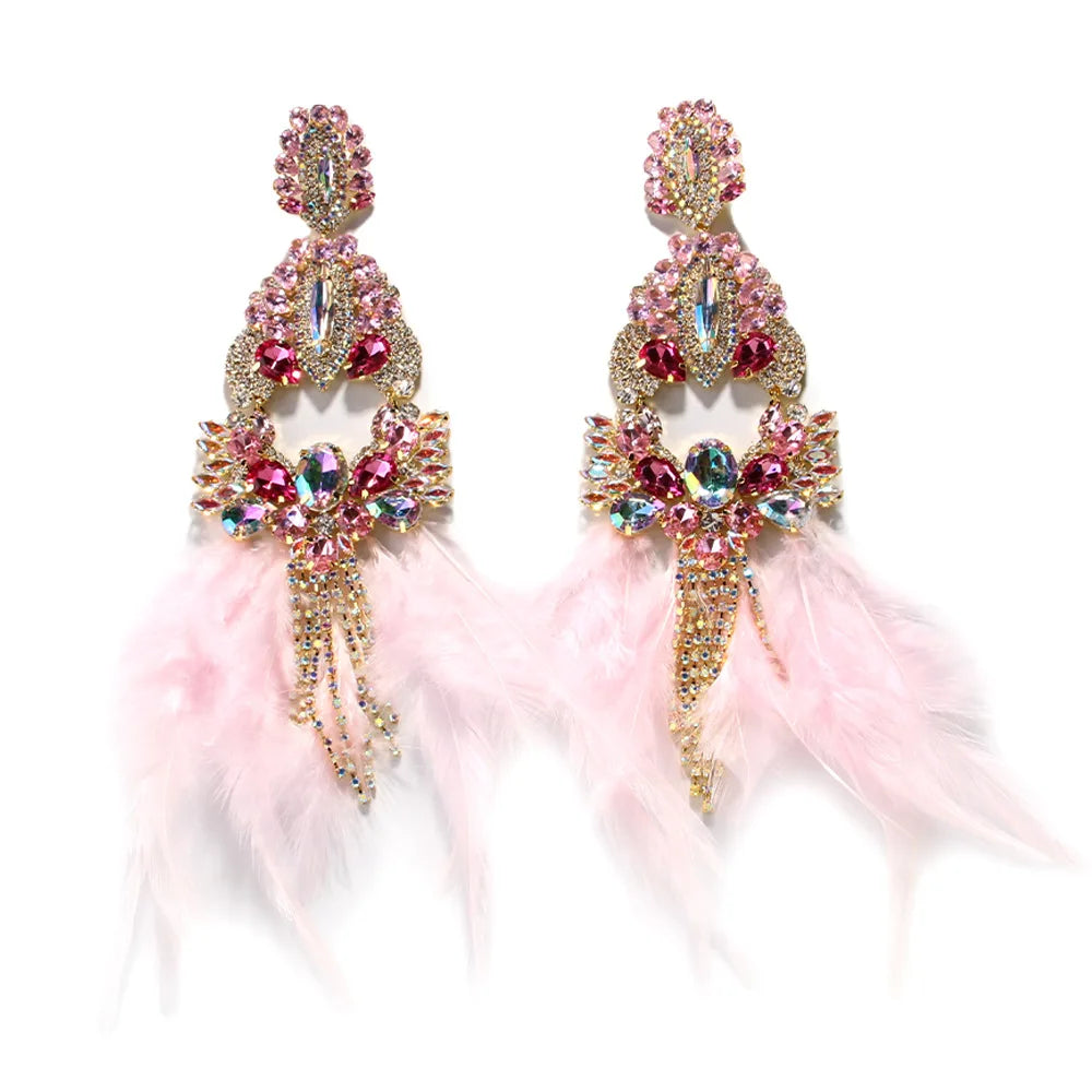 Pink Crystal Rhinestone Oversized Feather Tassel Fringe Earrings