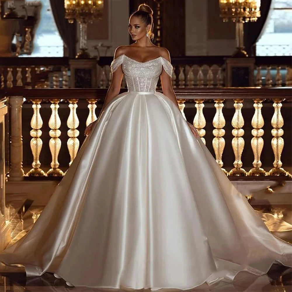 Arabic Princess Off-the-Shoulder Sequined Beaded Floor-Length Bridal Gown Dress w/ Sweep Train