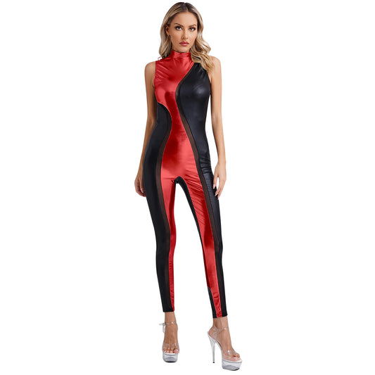 Metallic Patchwork Colorblock One-Piece Mock Neck Sleeveless Leotard Jumpsuit