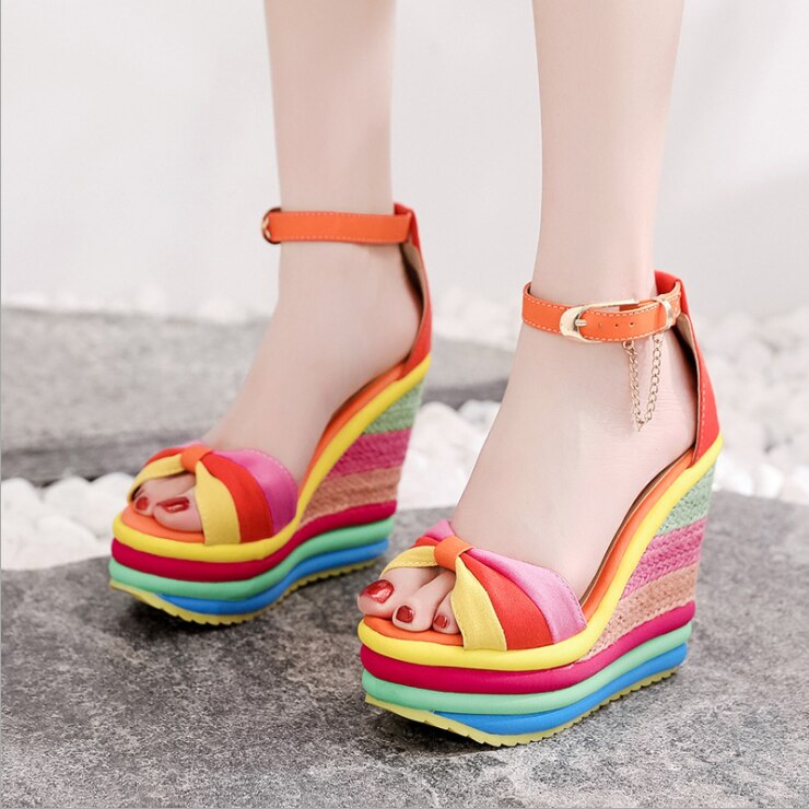 Rainbow Striped Peep Toe Platform Bowknot Hemp Bottom Buckle Ankle Strap Wedge Sandals