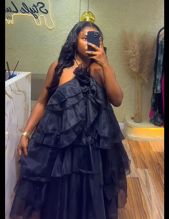 Oversized Tiered Sleeveless Floral Ruffled Design Loose Smock Strap Formal Maxi Dress