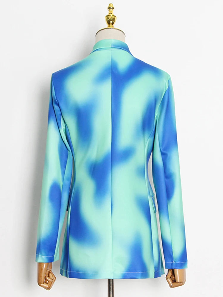 Tie-Dye Notched Collar Double Breasted Long Sleeve Blazer + Harem Pants Women's Suit
