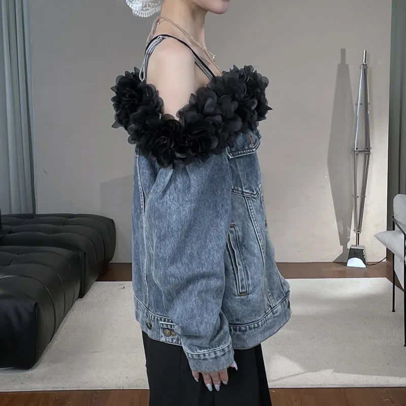 Denim Faded Light Blue Irregular Washed Black Rose Flower Trim Off-the-Shoulder Women's Double Pocket Design Jean Jacket