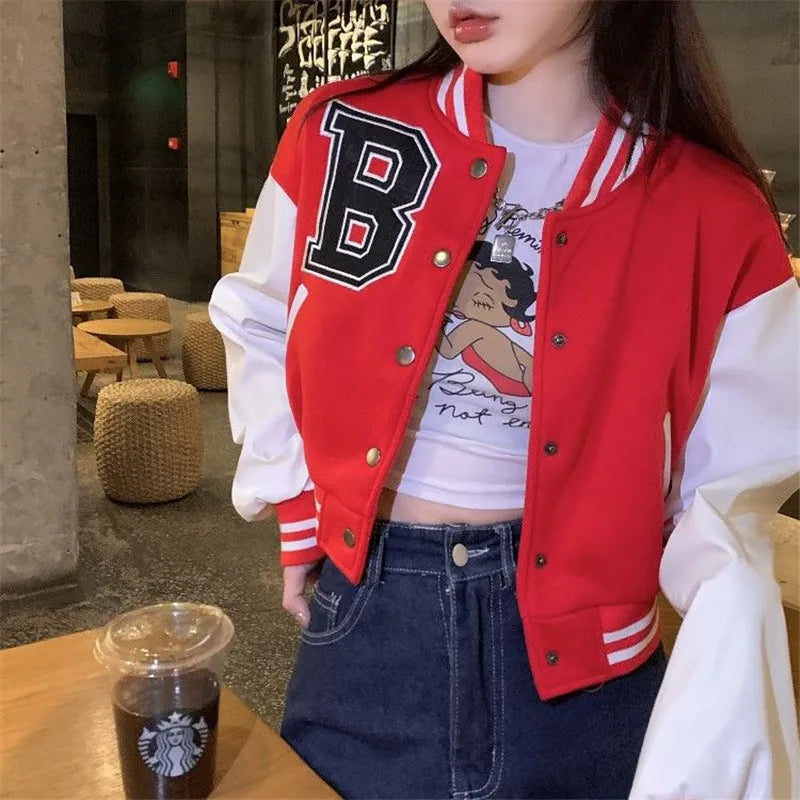 Lettermans Patchwork Button Cropped Varsity Bomber Jacket