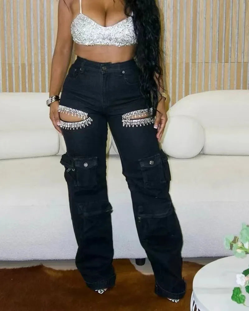 Denim Camo/Light Blue/Black/Coffee Crystal Rhinestone Cut-Out Women's Hollow-Out Multi-Pocketed Wide Leg Cargo Jeans