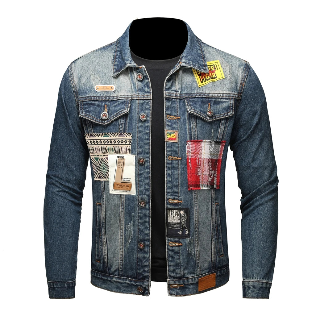 Men's Denim Patchwork Design Washed Gradient Colorblock Hip-Hop Streetwear Jean Jacket