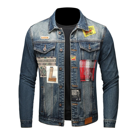 Men's Denim Patchwork Design Washed Gradient Colorblock Hip-Hop Streetwear Jean Jacket
