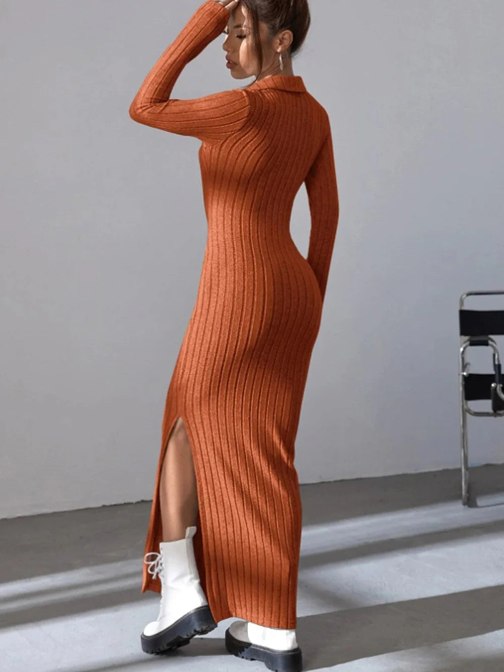 Solid Knitted Turn-Down Collar Skinny Fit Long Sleeve Concave Striped Solid Color Maxi Dress