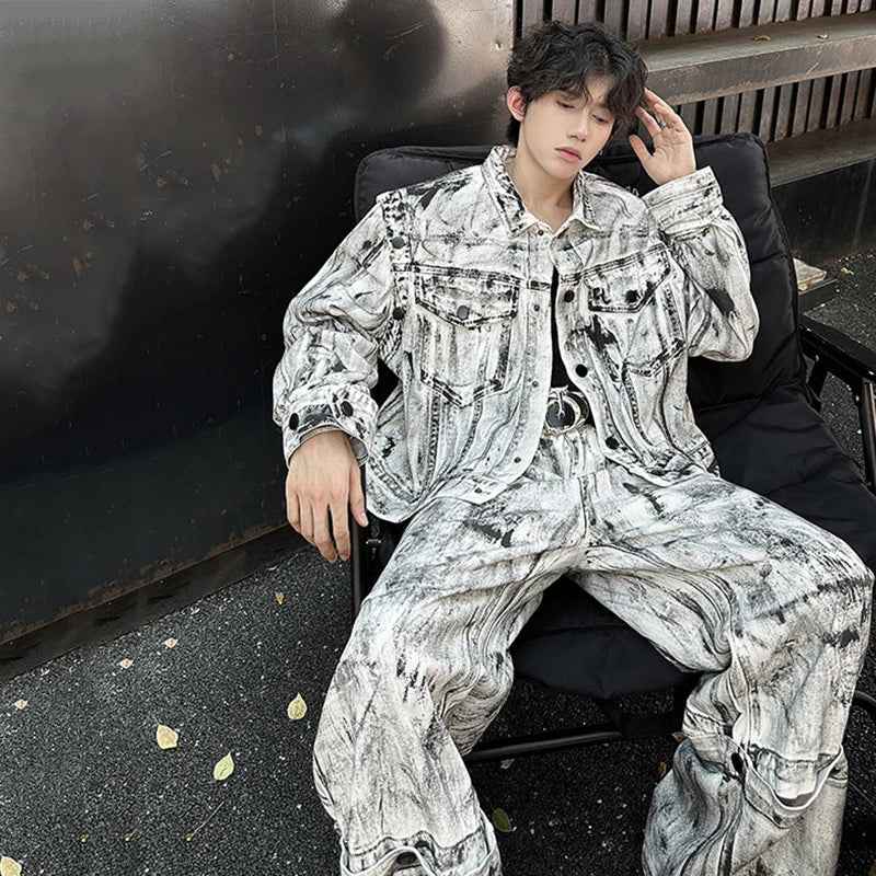 Men's White/Black Tie-Dye Print High Street Denim Pocket Design Jean Jacket + Wide Leg Cargo Jeans 2-Piece Set