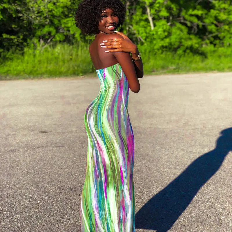 Sleeveless Tube Top Design/Long Sleeve Striped Colorblock Printed Bandage Skinny Maxi Dress