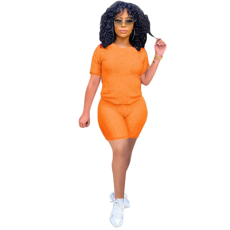 Texturized Sportswear O-Neck Solid Color Short Sleeve Women's T-Shirt + Shorts 2-Piece Fitness Workout Set
