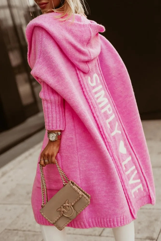 "Simply Live" Letter Heart Print Knitted Maxi Cardigan Hoodie Sweater