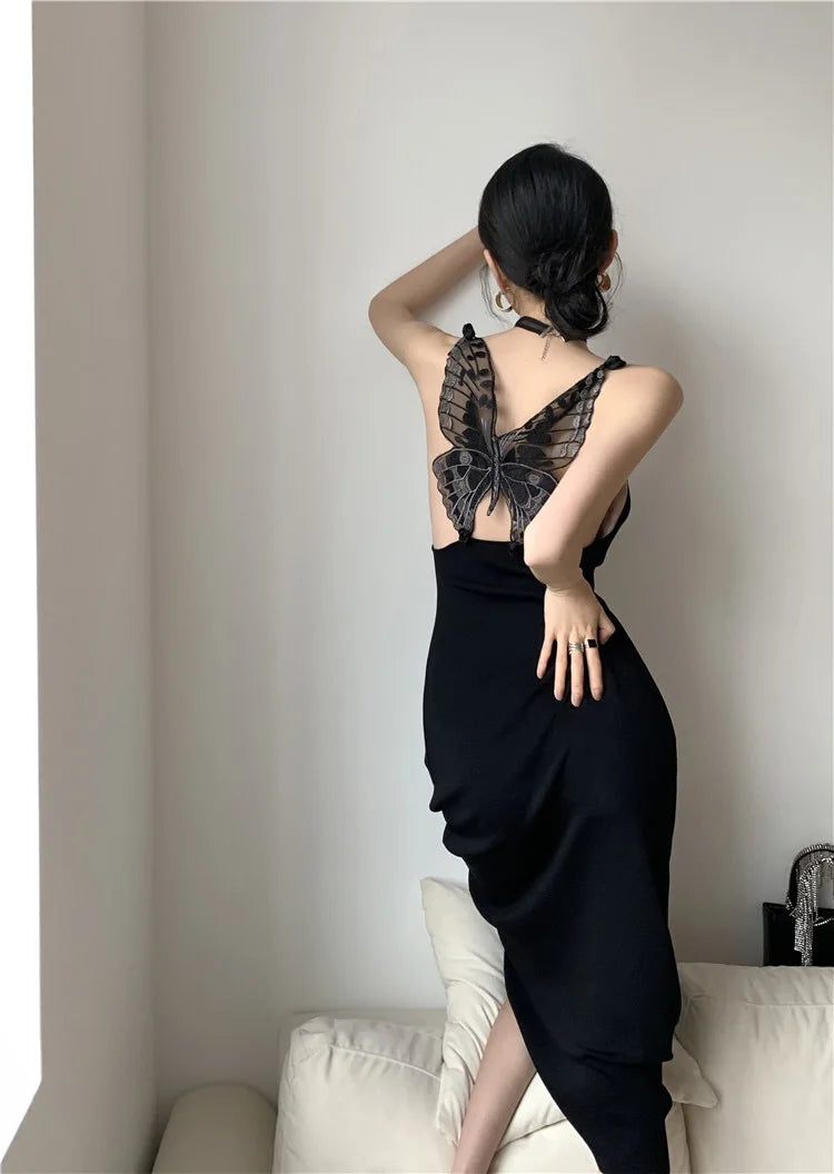 Backless Butterfly Black Gothic Spaghetti Strap Maxi Dress