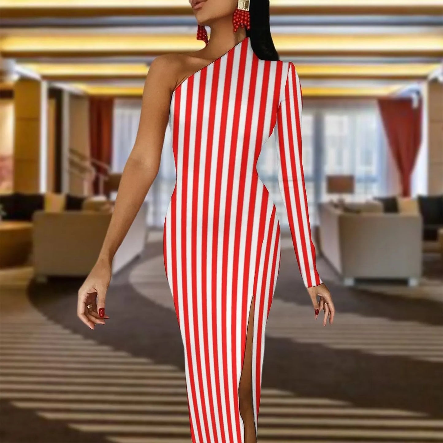 Striped/Rainbow Striped/American Flag Print One Sleeve Asymmetrical Bodycon Midi Dresses