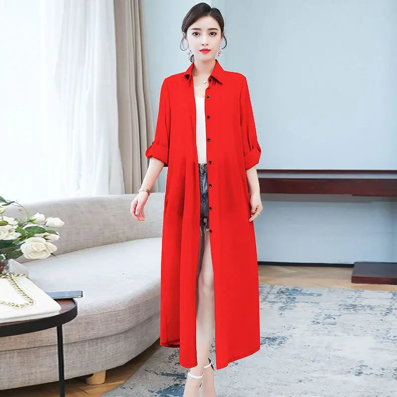 Chiffon Solid Color Women's Open Front Maxi Shirt Blouse