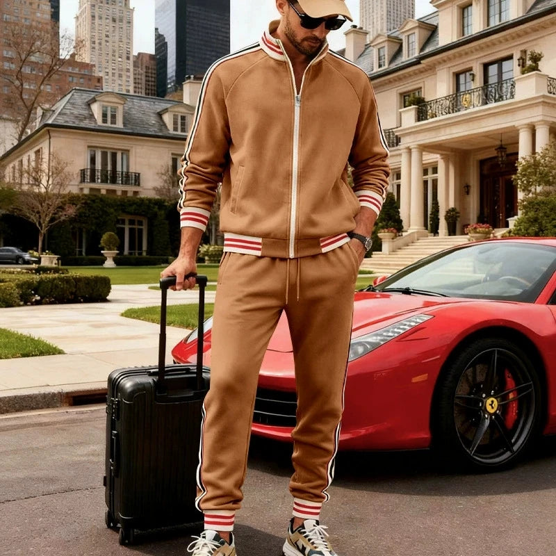 Men's Fleece Lined Heated Zipper Long Sleeve O-Neck Bomber Sports Jacket + Jogger Sweatpants Tracksuit