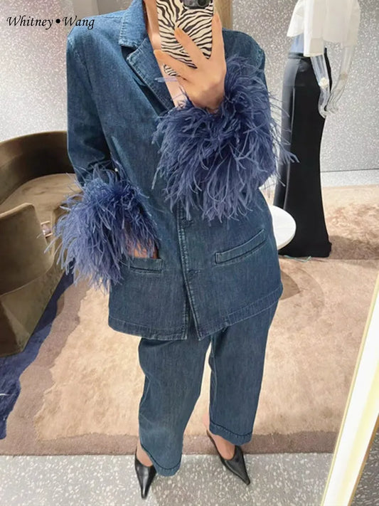 Blue Streetwear Ostrich Feather Cuff Denim Women's Jean Jacket Blazer