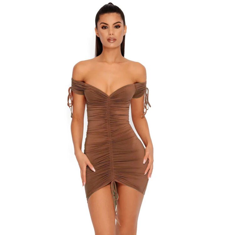 Ruched Drawstring Off Shoulder Deep V-Neck Mini Dress