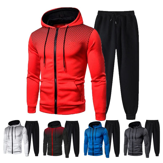 Men's Polka Dot Print Fleece Zipper Hoodie Sweatshirt + Solid Color Jogger Sweatpants Tracksuit