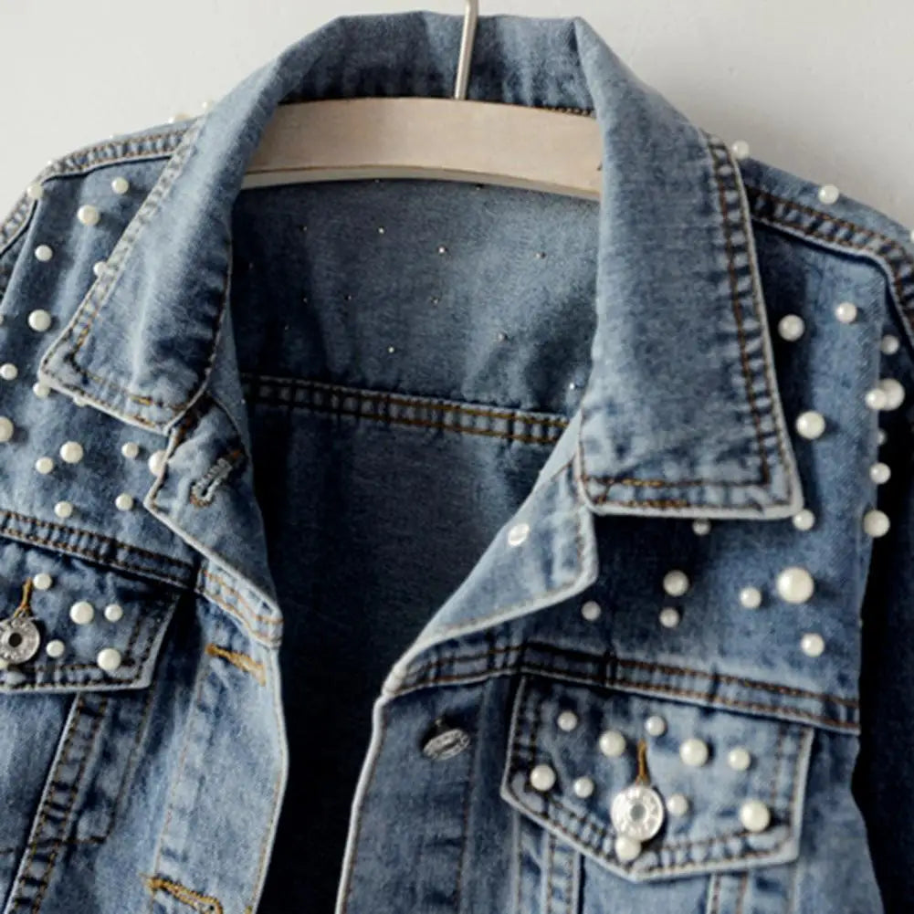 Pearl Beaded Single Breasted Cropped Denim Women's Jean Jacket to 3X Plus Size