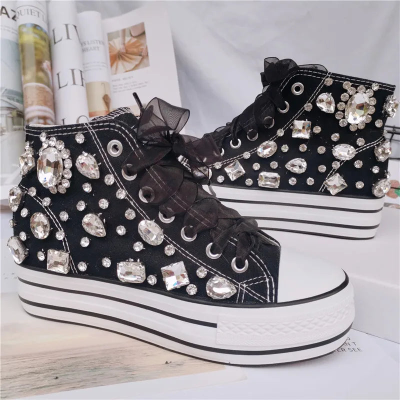 Crystal Handmade Rhinestone Diamond High Top Women's Canvas  Designer Platform Sneakers