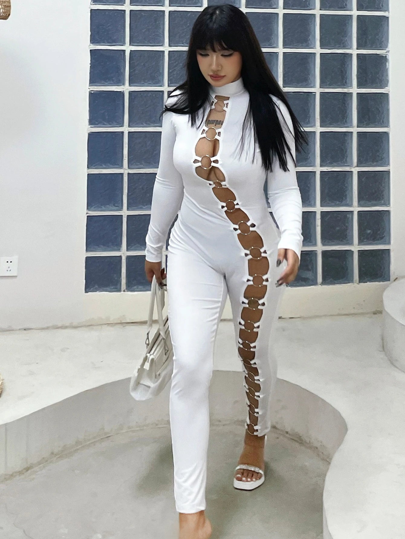 Metal Ring Detail Turtleneck Hollow-Out Long-Sleeve Solid Color Women's Jumpsuit