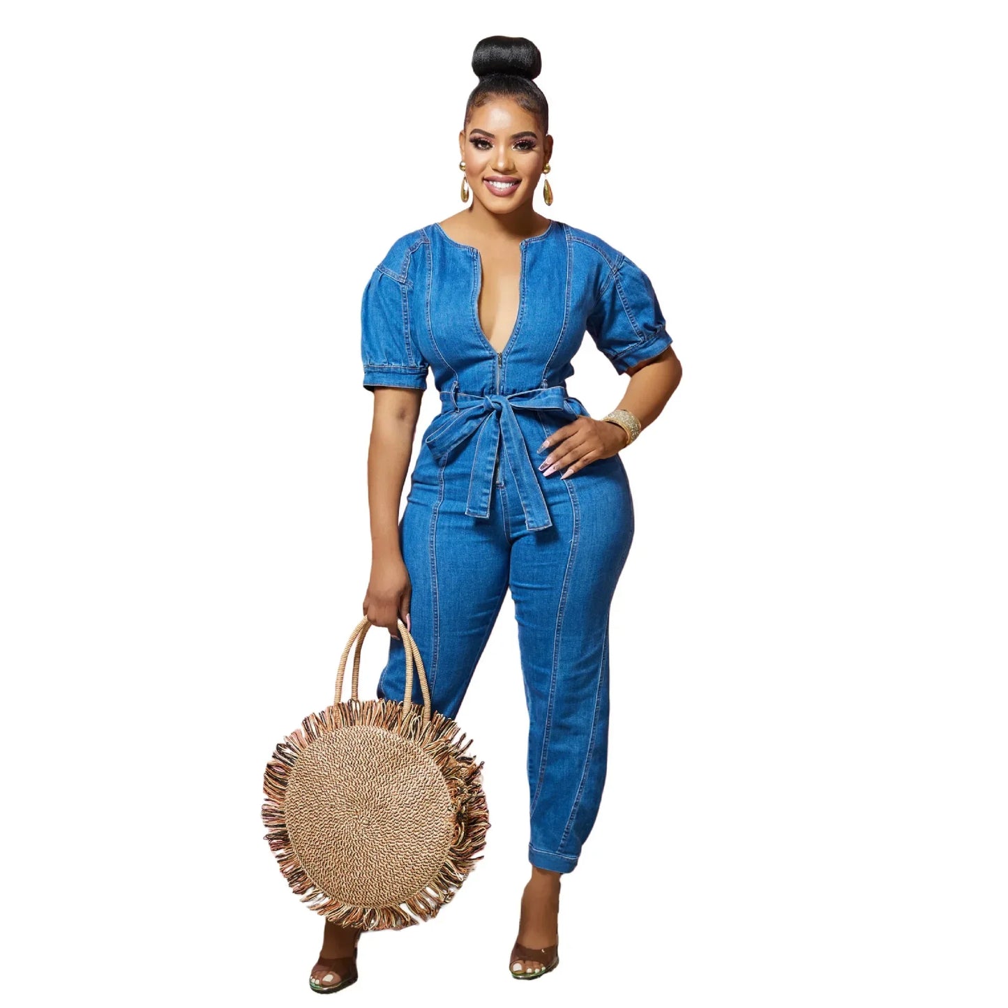 Blue Denim V-Neck Short Sleeve Solid Color Elastic Waist Pocketed Sash Belted Jumpsuit