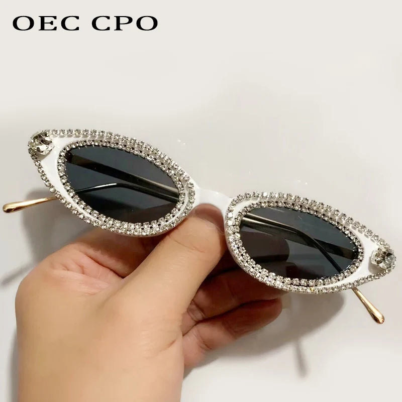 Vintage Rhinestone Cat-Eye Oval Small Frame Bling Diamond  UV400 Women's Sunglasses