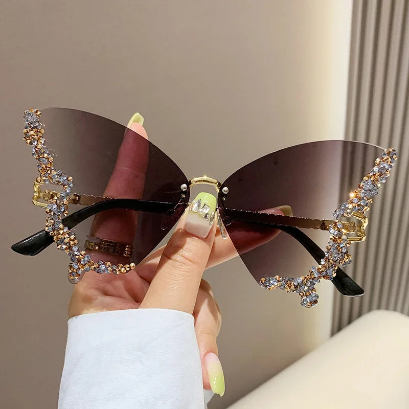 Glitter Rhinestone Butterfly Shaped UV400 Protection Large Rimless Women's Sunglasses