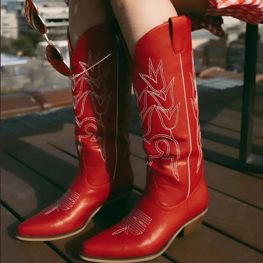 Red/Baby Blue Western Embroidered Pointed Thick Heel Women's Cowgirl Rodeo Knee-High Boots