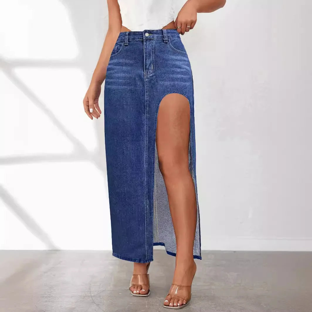 Denim High Slit Low Waist Distressed Bodycon Wrapped Long Jean Maxi Streetwear Skirt