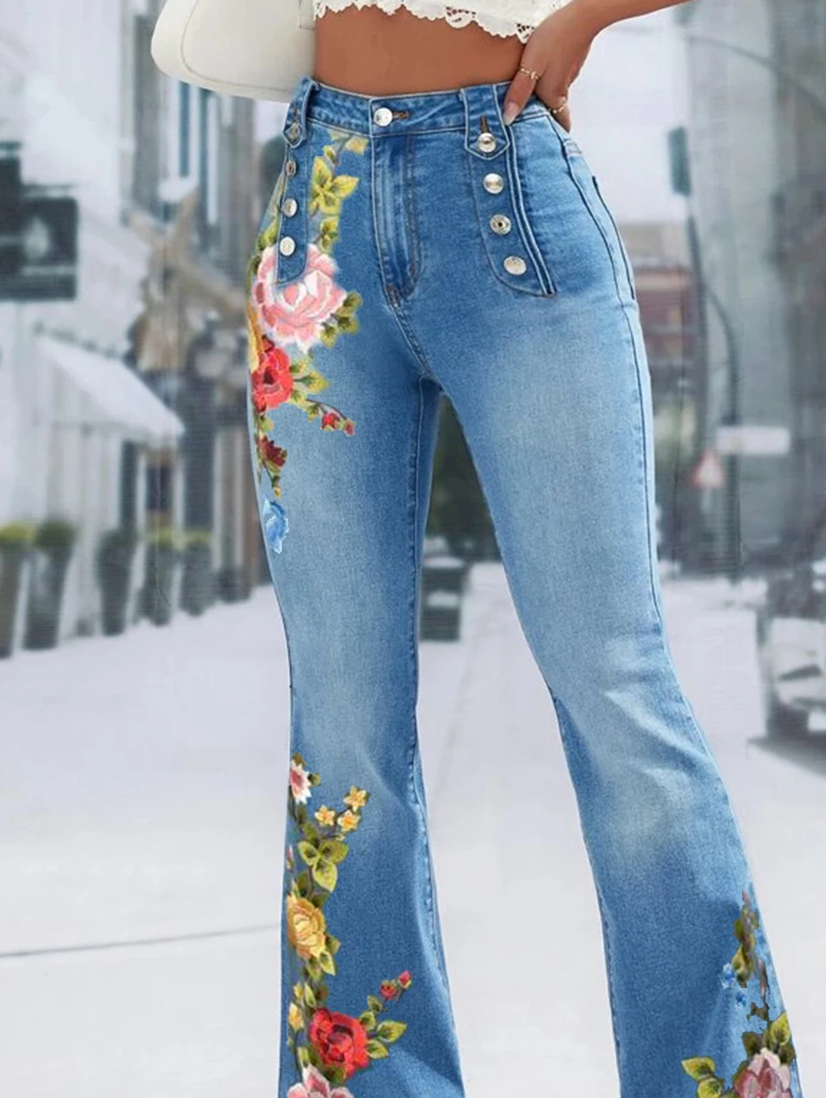 Denim Flower Embroidered Decor Flared Leg Women's High Waist Button Wide Leg Bootcut Jeans to 4X Plus Size