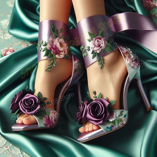 Purple Satin Rose Flower Open Toe Stiletto High Heel Formal Bridal Party Sandal Pumps