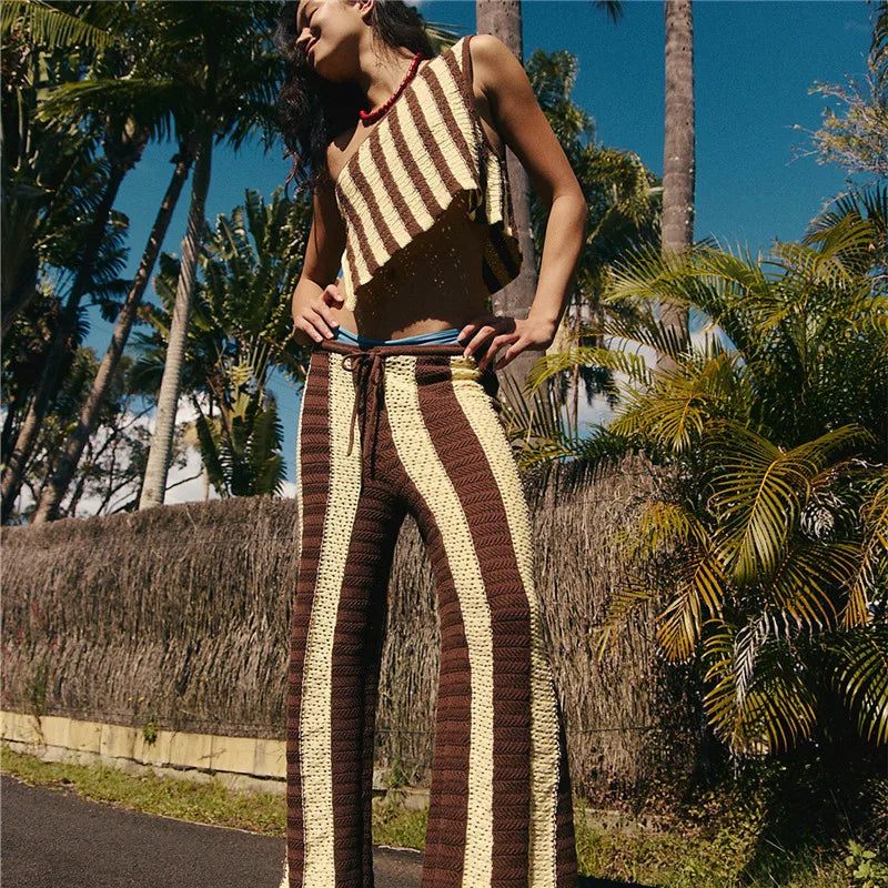 Crochet Striped Colorblock Asymmetrical One Shoulder Crop Tank Top  + Low Rise Long Pants Knitted Matching 2-Piece Set