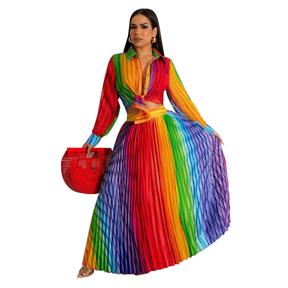 Rainbow Tie-Dye Long Sleeve V-Neck Printed Blouse + Pleated Maxi Skirt Matching 2-Piece Set