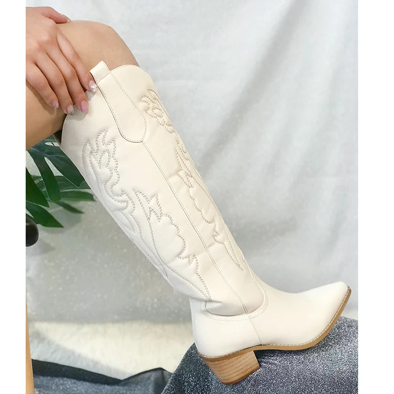 Western Metallic Embroidered Women's Pointed Toe Knee-High Chelsea Cowgirl Boots