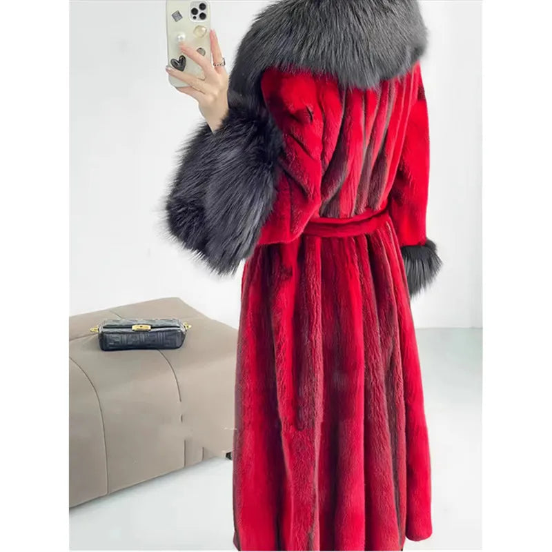 Oversized Faux Fur Collar Design Women's Adjustable Waist Trenchcoat