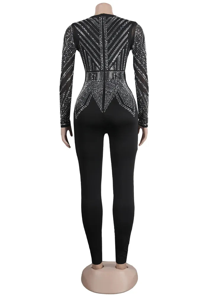 Sparkle Black/Silver Rhinestone Long Sleeve Crystal Deep V-Neck Jumpsuit