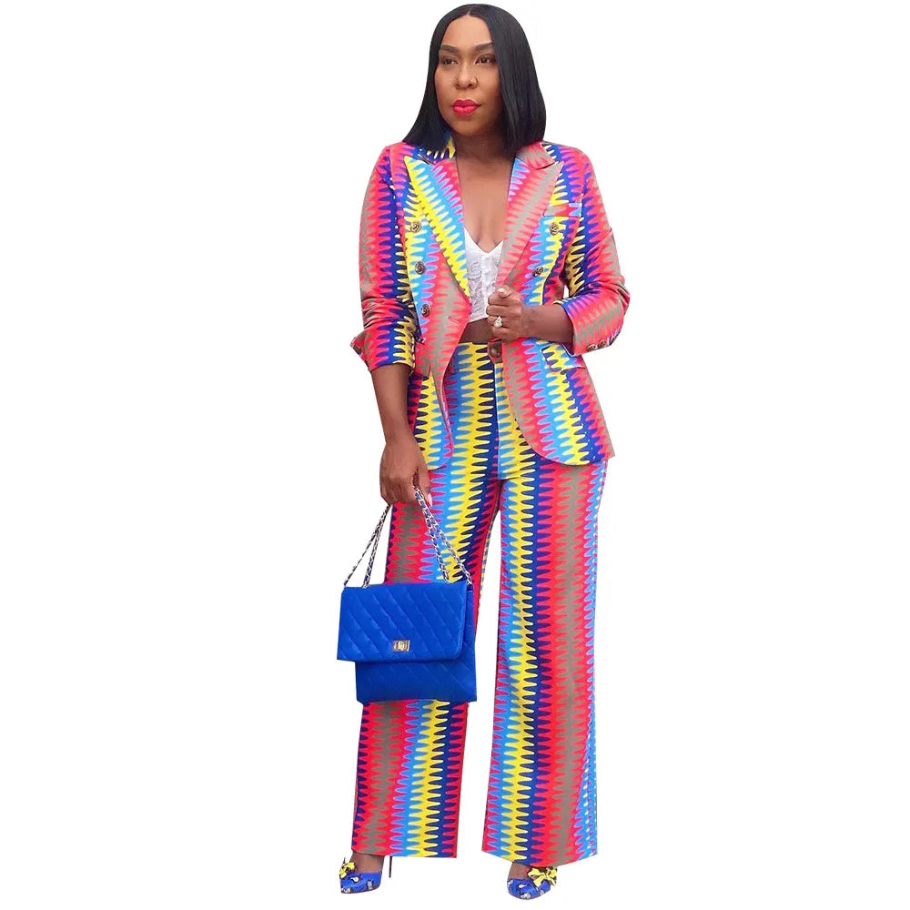 Baroque 2-Tone Contrast/Pink Rainbow Striped Colorblock Print Women's Blazer + Matching Trouser Pants Formal Suit